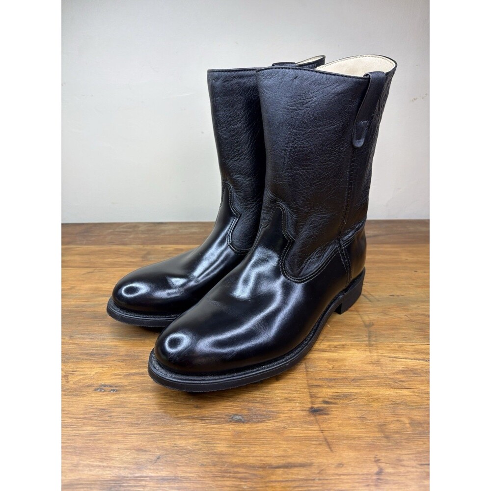 Vtg. Double H Black Leather Ranchwell Wellington Roper Boots 10.5 EE USA Box VGC